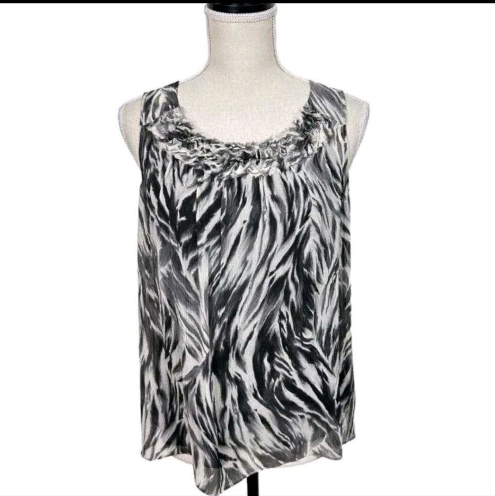 Talbots Zebra Print 100% Silk Sleeveless Ruffle Top Blouse Size 12 New With Tags